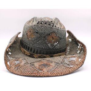 Mel-Rod Hats Woven Straw Cowboy Rockabilly Cutouts Gray Brown Ombre Ornate Band